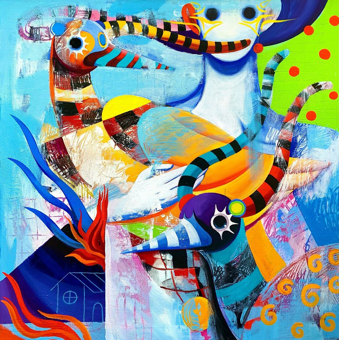 acrylic on canvas,pastel,varnish  100*100 cm  2022 Sold